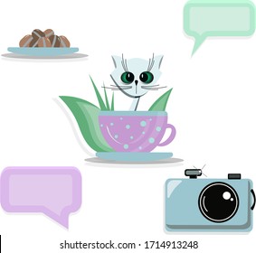 Home Furnishings Set. A cup of coffee a camera and a cat.