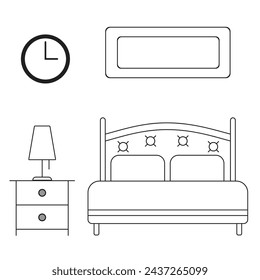 Home furniture abstract signs set. Thin line art icons. Linear style illustrations isolated on white. Bedroom interior outline sketch. Line style furniture: bed, cupboard, lamp, clock, window.
