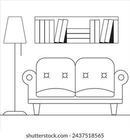 Home furniture abstract signs set. Thin line art icons. Linear style illustrations isolated on white. Living room interior outline sketch. Line style furniture: sofa, bookshelf, lampshade.