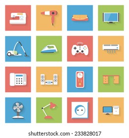 Home Furniture and Appliances flat icons set  with shadows
