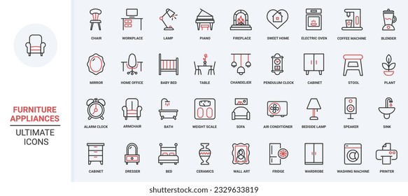 Home furniture and appliances red black thin line icons set vector illustration. Elements for house interior, household equipment collection with wardrobe sink chair sofa bed lamp desk armchair.