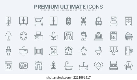 Home furniture and appliances thin line icons set vector illustration. Outline elements for house interior, household equipment collection with wardrobe sink chair sofa bed lamp desk armchair