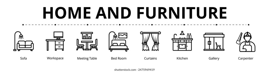 Home and Furniture banner web icon set vector line illustration, sofa workspace meeting table bedroom curtains gallery carpenter