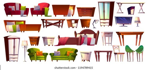 Home furniture of bedroom and living room interior set vector illustration. Isolated cartoon icons of modern and vintage retro bed, table or wardrobe cabinet drawer and armchair or sofa couch