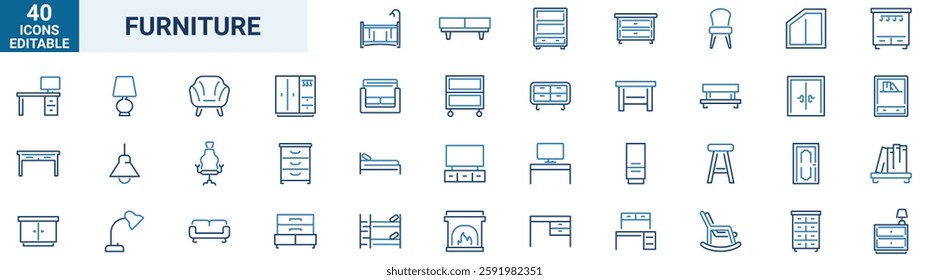 Home furniture blue icons collection, desk, bathroom, bathtub, ceiling lamp, chair, sink, tv table, curtain, drawer, sofa, house door, mirror, cupboard, cabinet. editable stroke.