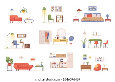 Home furniture bundle of flat scenes. Bedroom, kitchen and dining room isolated set. Table, chair, sofa, armchair, bed, lamp, wardrobe, mirror elements. House interiors cartoon vector illustration.