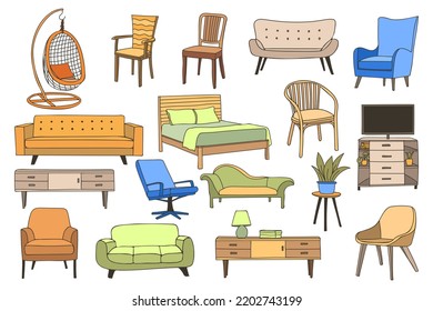 Colección de iconos coloridos en el vector. Colección de ilustraciones coloridas de muebles de casa en vector. Juego de íconos del mobiliario del hogar del doodle en el vector