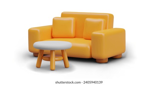 Home furniture composition. Realistic comfortable sofa in yellow colors and white tea table with shadow. Home furniture. Vector illustration in 3d style on white background
