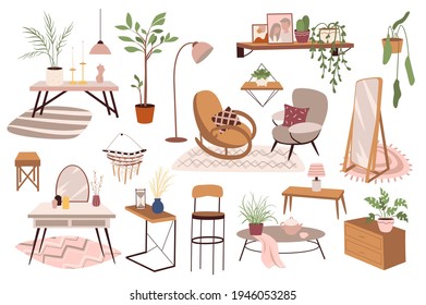 Home furniture and decor isolated elements set. Armchairs, coffee table, mirror, lamps, plants, shelves, other objects. Bundle of modern interior. Vector illustration in flat cartoon for web design