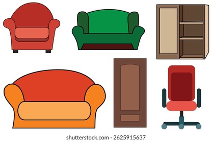 Home Furniture and Decoration Illustrations Set:: Home Decor, Armchairs, Sofas,Trendy Sofas, Lamps, Potted Plants, and More