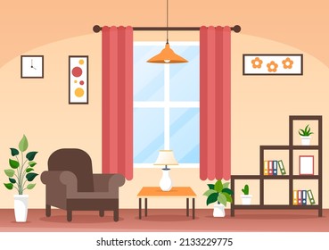 Home Furniture Flat Design Illustration for the Living Room to be Comfortable Like a Sofa, Desk, Cupboard, Lights, Plants and Wall Hangings