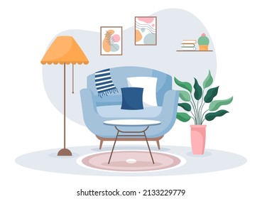 Home Furniture Flat Design Illustration for the Living Room to be Comfortable Like a Sofa, Desk, Cupboard, Lights, Plants and Wall Hangings