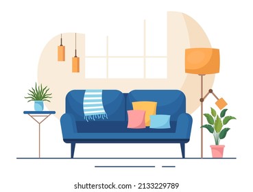 Muebles de casa Diseño plano Ilustración para que la sala de estar sea cómoda como un Sofá, escritorio, portapapeles, luces, plantas y colgadores de pared