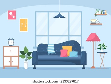 Home Furniture Flat Design Illustration for the Living Room to be Comfortable Like a Sofa, Desk, Cupboard, Lights, Plants and Wall Hangings