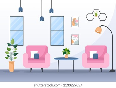 Home Furniture Flat Design Illustration for the Living Room to be Comfortable Like a Sofa, Desk, Cupboard, Lights, Plants and Wall Hangings