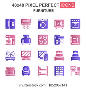 Home furniture glyph icon set. Refrigerator, coffee maker, toaster, bed, oven, safe, router, air conditioner unique icons. Flat vector bundle for UI UX design. 48x48 pixel perfect GUI pictograms pack.
