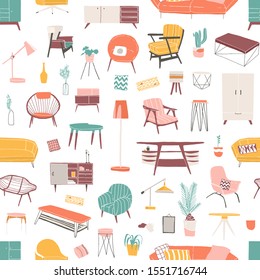 Home furniture hand drawn seamless pattern. Contemporary furniture pieces. Vintage armchair and retro table lamp flat vector illustrations. Home decor shop stylish wrapping paper, wallpaper design.