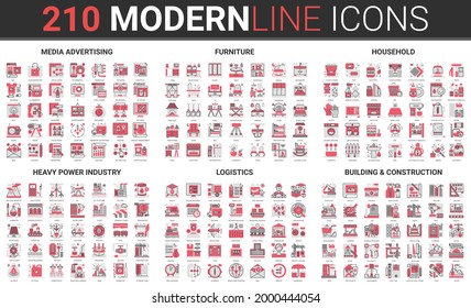 Home furniture, household, building construction thin red black line icon vector illustration set. Outline symbols collection of media advertising, heavy industry manufacture production and logistics