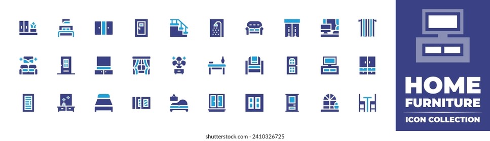 Home furniture icon collection. Duotone color. Vector and transparent illustration. Containing doors, sofa, home entertainment system, home decor, bed, cabinet, door, curtains, window, curtain, closet