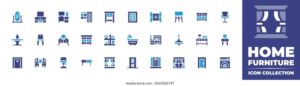 Home furniture icon collection. Duotone color. Vector and transparent illustration. Containing mirror, nightstand, dresser, window, stool, table, shelves, drawer, cabinet, lamp, door, dressing table.