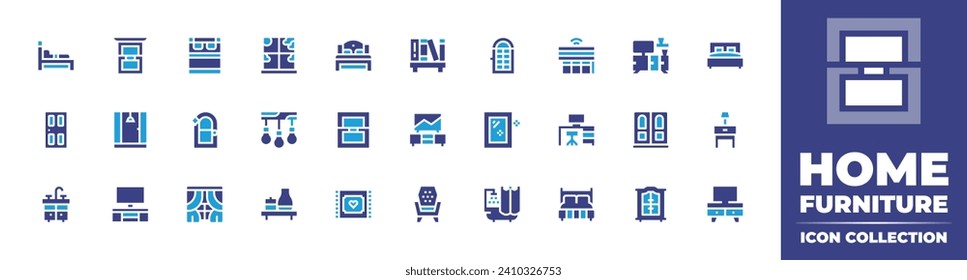 Home furniture icon collection. Duotone color. Vector and transparent illustration. Containing single bed, double bed, door, living room, window, doors, shower, wash basin, curtains, rug, bed, shelf.