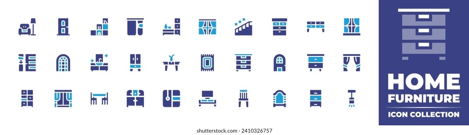 Home furniture icon collection. Duotone color. Vector and transparent illustration. Containing curtain, rest, cabinet, table, hall, nightstand, wardrobe, drawer, drawers, door, window, windows, carpet