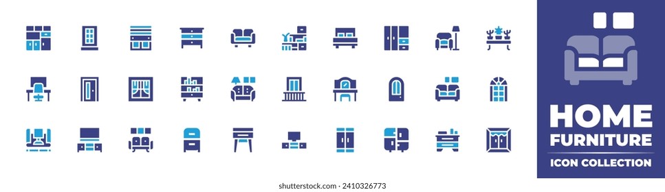 Home furniture icon collection. Duotone color. Vector and transparent illustration. Containing closet, sofa, furniture, wardrobe, workplace, living room, home, house door, bedside table, cabinet.