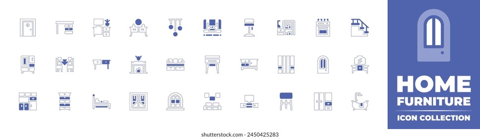 Home furniture icon collection. Duotone style line stroke and bold. Vector illustration. Containing closet, wardrobe, house door, furniture, bedside table, sofa, cupboard, divan, chest, stool, door.