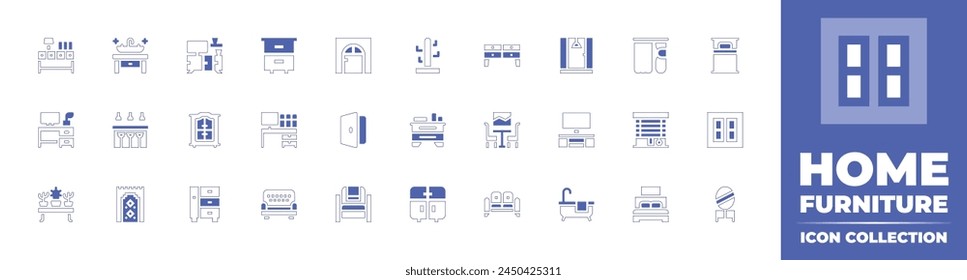 Home furniture icon collection. Duotone style line stroke and bold. Vector illustration. Containing curtain, table, home decor, cabinet, door, coat stand, house door, workplace, drawer, plant pot.