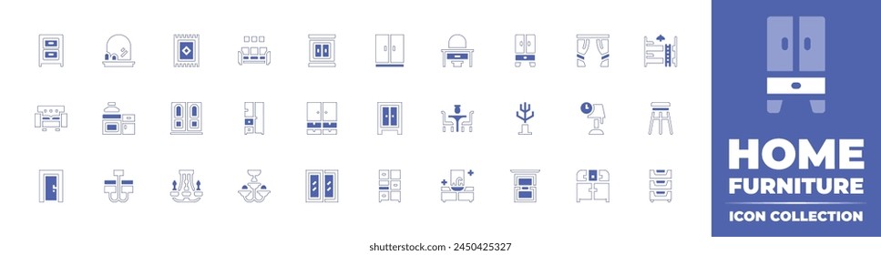 Home furniture icon collection. Duotone style line stroke and bold. Vector illustration. Containing drawer, wardrobe, sofa, closet, bunk bed, cupboard, window, stool, door, carpet, coat stand.