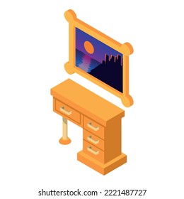 Home furniture icon isometric vector. Work table with drawer and picture on wall. Wooden furniture, interior element