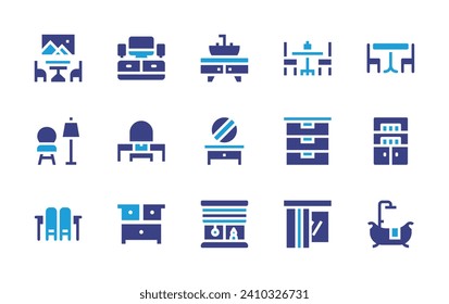 Home furniture icon set. Duotone color. Vector illustration. Containing tv furniture, dresser, chest of drawers, table, living room, drawer, chair, cupboard, smart curtain, dinner table, bathtub, sink