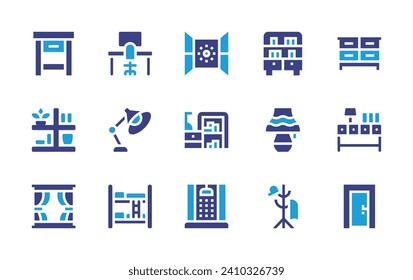 Home furniture icon set. Duotone color. Vector illustration. Containing nightstand, dresser, desk, shelves, drawer, table lamp, window, door, bunk bed, coat rack, open, bookcase, library, shower.