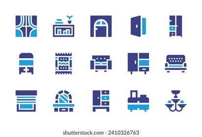 Ikone für Heimmöbel. Duotonfarbe. Vektorgrafik. Türen, Haustür, Sofa, Schrank, Kommode, Vorhang, Kleiderschrank, ordentlich, Büffet, Teppichboden, Jalousien, Kronleuchter.