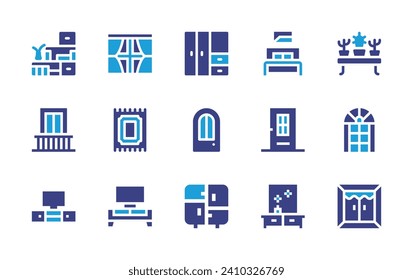 Home furniture icon set. Duotone color. Vector illustration. Containing wardrobe, house door, drawer, shelves, plant pot, window, balcony, carpet, tv table, double bed, door, dressing table.