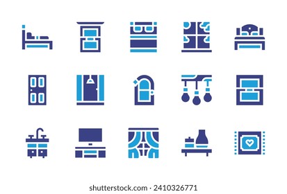 Home furniture icon set. Duotone color. Vector illustration. Containing single bed, double bed, window, door, shower, wash basin, curtains, rug, shelf, tv table, chandelier.