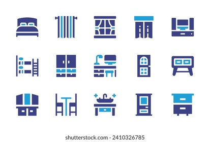 Home furniture icon set. Duotone color. Vector illustration. Containing double bed, home theater, bunk bed, table, hood, cabinet, curtain, curtains, workplace, door, sink, closet, dinner.