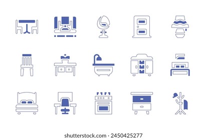 Home furniture icon set. Duotone style line stroke and bold. Vector illustration. Containing workplace, nightstand, furniture, house door, wardrobe, double bed, table, coat rack, bath, wooden chair.
