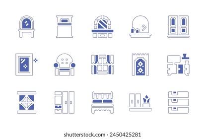 Home furniture icon set. Duotone style line stroke and bold. Vector illustration. Containing drawers, window, living room, doors, single bed, double bed, mirror, wardrobe, rug, couch, shelf, dressing.
