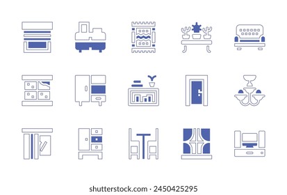 Home furniture icon set. Duotone style line stroke and bold. Vector illustration. Containing home theater, closet, cupboard, chest of drawers, door, plant pot, windows, dinner, smart curtain, tidy.