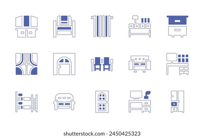 Home furniture icon set. Duotone style line stroke and bold. Vector illustration. Containing sofa, home decor, bunk bed, hood, cabinet, door, workplace, drawer, curtain, table, wardrobe.