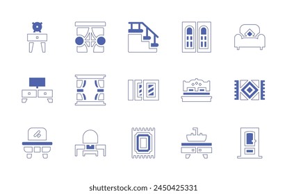 Home furniture icon set. Duotone style line stroke and bold. Vector illustration. Containing dresser, window, carpet, door, dressing table, nightstand, stairs, sink, tv table, single, bed.