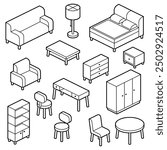 Home furniture icon set in isometry. Domestic and office furniture and equipment.