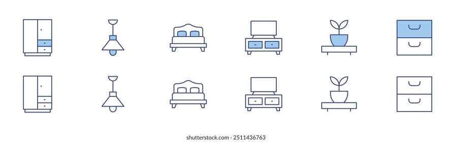 Home furniture icon set in two styles, Duotone and Thin Line style. Editable stroke. wardrobe, ceiling light, tv table, shelves, chest of drawers, double bed.