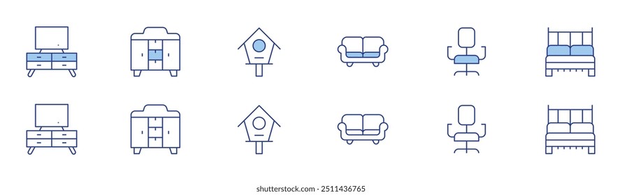 Home furniture icon set in two styles, Duotone and Thin Line style. Editable stroke. tv table, couch, wardrobe, bird house, desk chair, double bed.