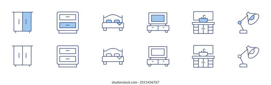 Home furniture icon set in two styles, Duotone and Thin Line style. Editable stroke. tv, cabinet, bedside table, sink, table lamp, bed.