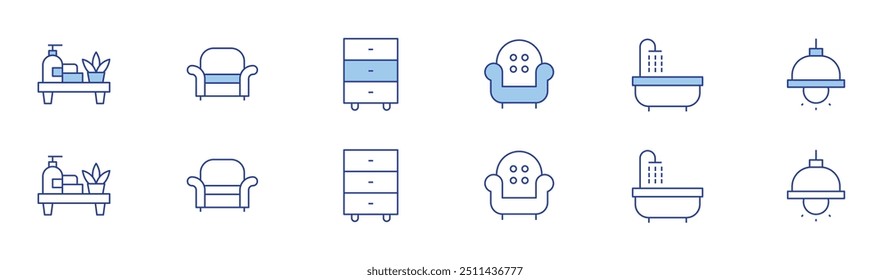 Home furniture icon set in two styles, Duotone and Thin Line style. Editable stroke. sofa, bathroom, bathtub, ceiling lamp, armchair, cabinet.