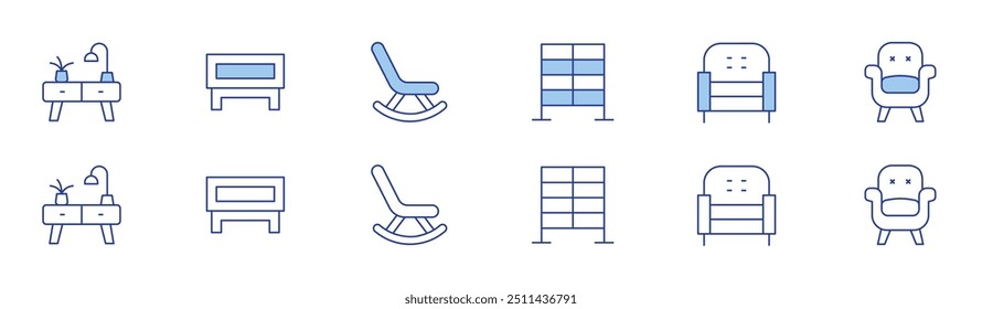 Ícone da mobília de casa definido em dois estilos, Duotone e estilo Linha fina. Curso editável. rack, gavetas, mesa de café, poltrona, cadeira de balanço.