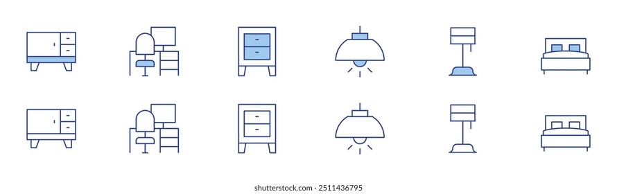 Ícone da mobília de casa definido em dois estilos, Duotone e estilo Linha fina. AVC editável. móveis, luz, local de trabalho, abajur, cama, posição de noite.