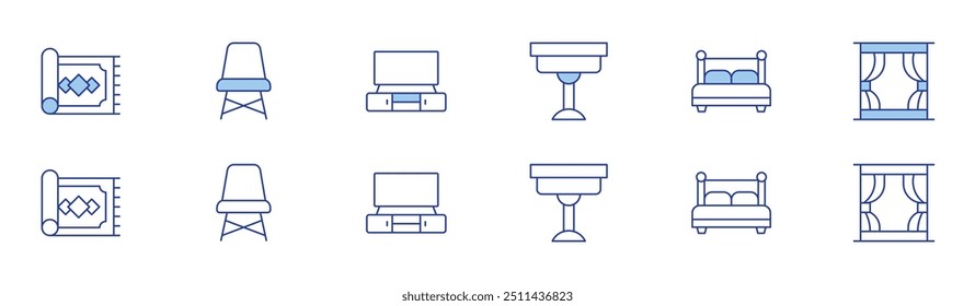 Home furniture icon set in two styles, Duotone and Thin Line style. Editable stroke. coffee table, carpet, chair, double bed, window, tv.